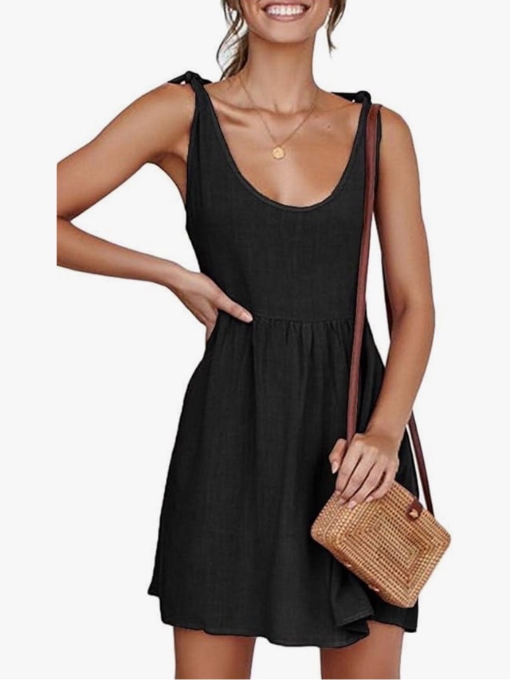 Women's Black Tie-Shoulder Scoop Neck Sundress